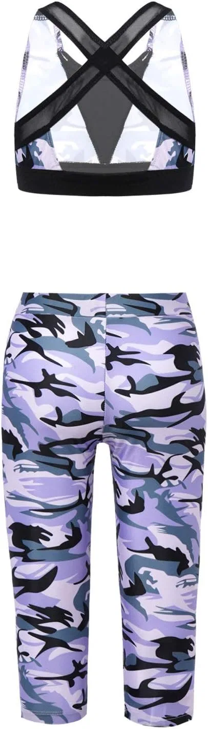 Детский спортивный костюм с камуфляжным принтом Hansber, топ и леггинсы, Camouflage Purple — фото 2