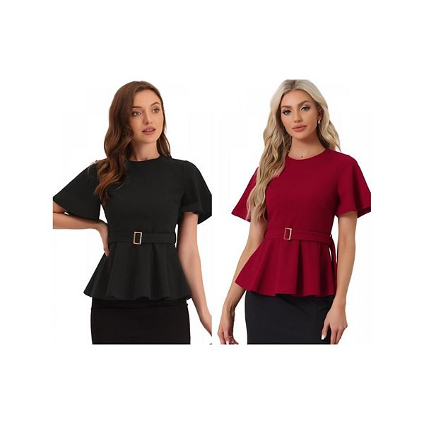

2 упаковки блузки с баской для женщин, круглый вырез, рукав колокол, пояс на талии, офисная блузка Inspire Chic, Red Black