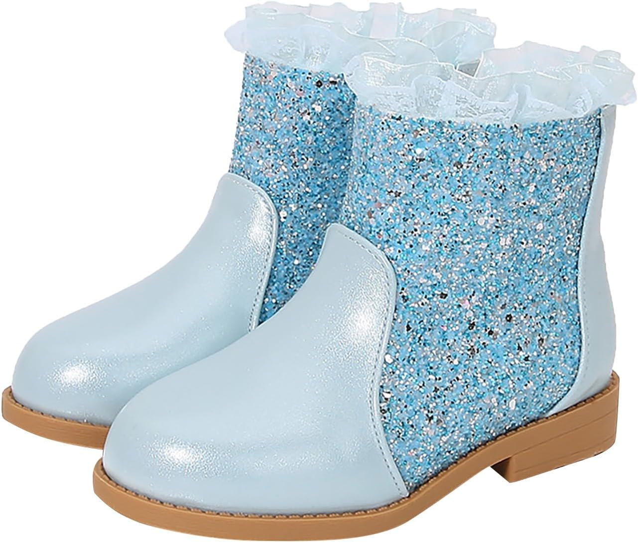 

Детские ботинки для девочек с пайетками, с отделкой из искусственного меха внутри, на шнуровке, с кружевной отделкой, модель «Принцесса», с нескользящей мягкой подошвой, на платформе, теплые зимние сапожки Generic, Blue-A