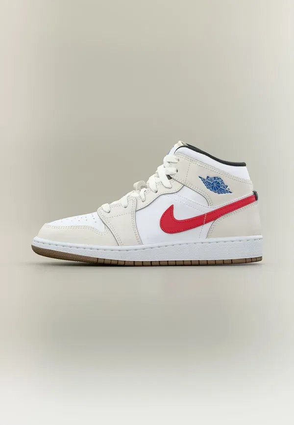 Кроссовки Jordan Air 1 Mid High Top, phantom/game royal/white/sail/university red/off noir, фантом/гейм роял/белый/сейл/университетский красный/офф нуар
