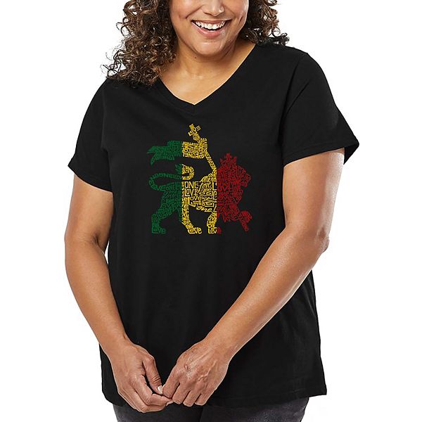 

Женская футболка plus size V-neck с принтом Rasta Lion One Love La Pop Art, Black, Черный, Женская футболка plus size V-neck с принтом Rasta Lion One Love La Pop Art, Black
