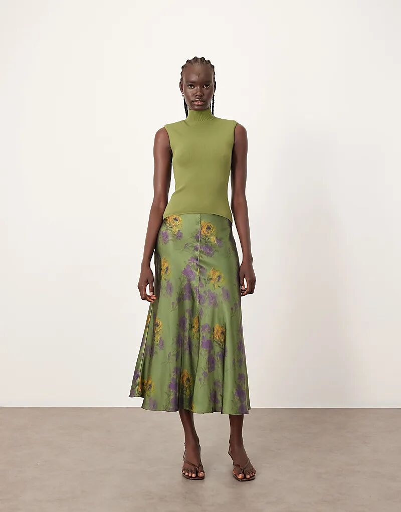 

Платье миди ARRANGE с заниженной талией и атласной юбкой в ​​чернильно-цветочный узор