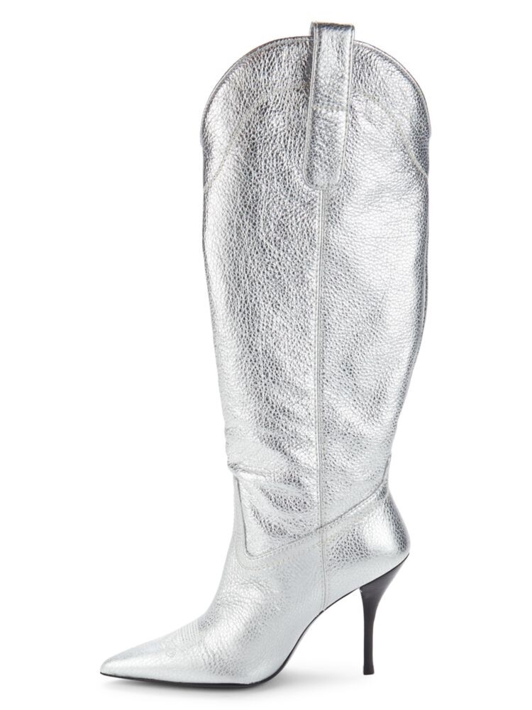Ковбойские сапоги до колена Outwest 100 на шпильке Stuart Weitzman, серебро — фото 4