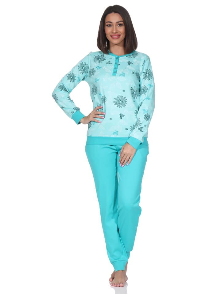 

NORMANN Пижама с длинными рукавами из трикотажа с цветочным принтом бирюзового цвета