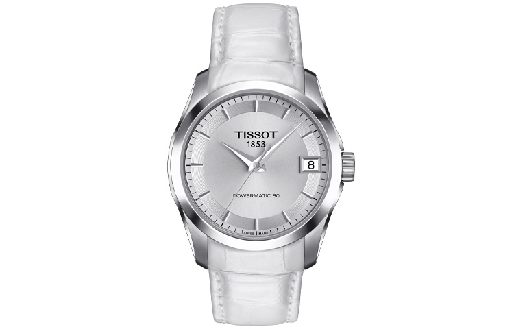

TISSOT Часы Kutu Collection Mechanical Movement Women's Watch 32mm White Dial Stainless Steel Case Leather Strap, Silver White Strap