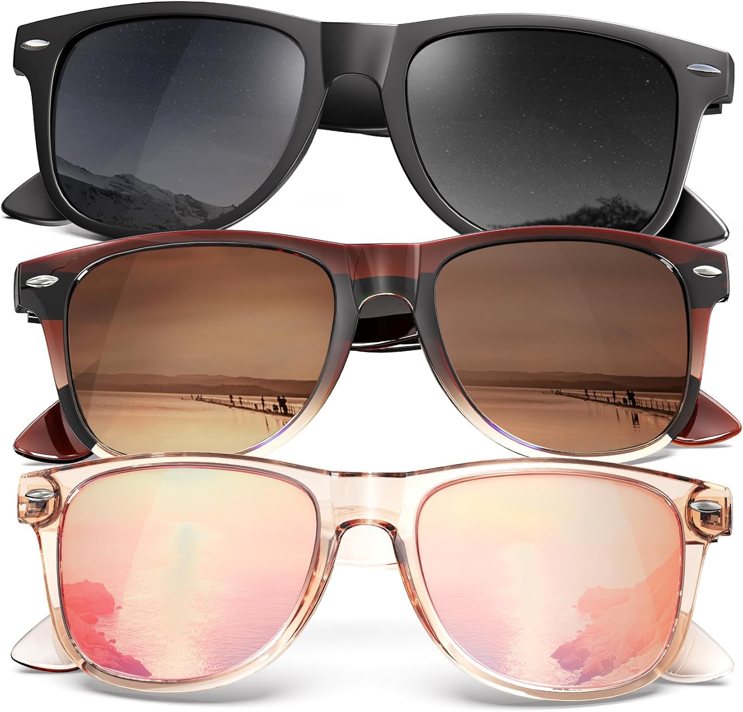 

Поляризованные солнцезащитные очки KALIYADI для мужчин и женщин, матовые линзы, цветные зеркальные линзы, защита от УФ-излучения UV400 (3 шт.), Black+gradient Brown+pink