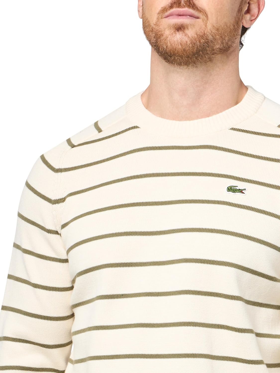 Lacoste мужской полосатый 3D вязаный хлопковый свитер с круглым вырезом, Lapland/Olive — фото 3