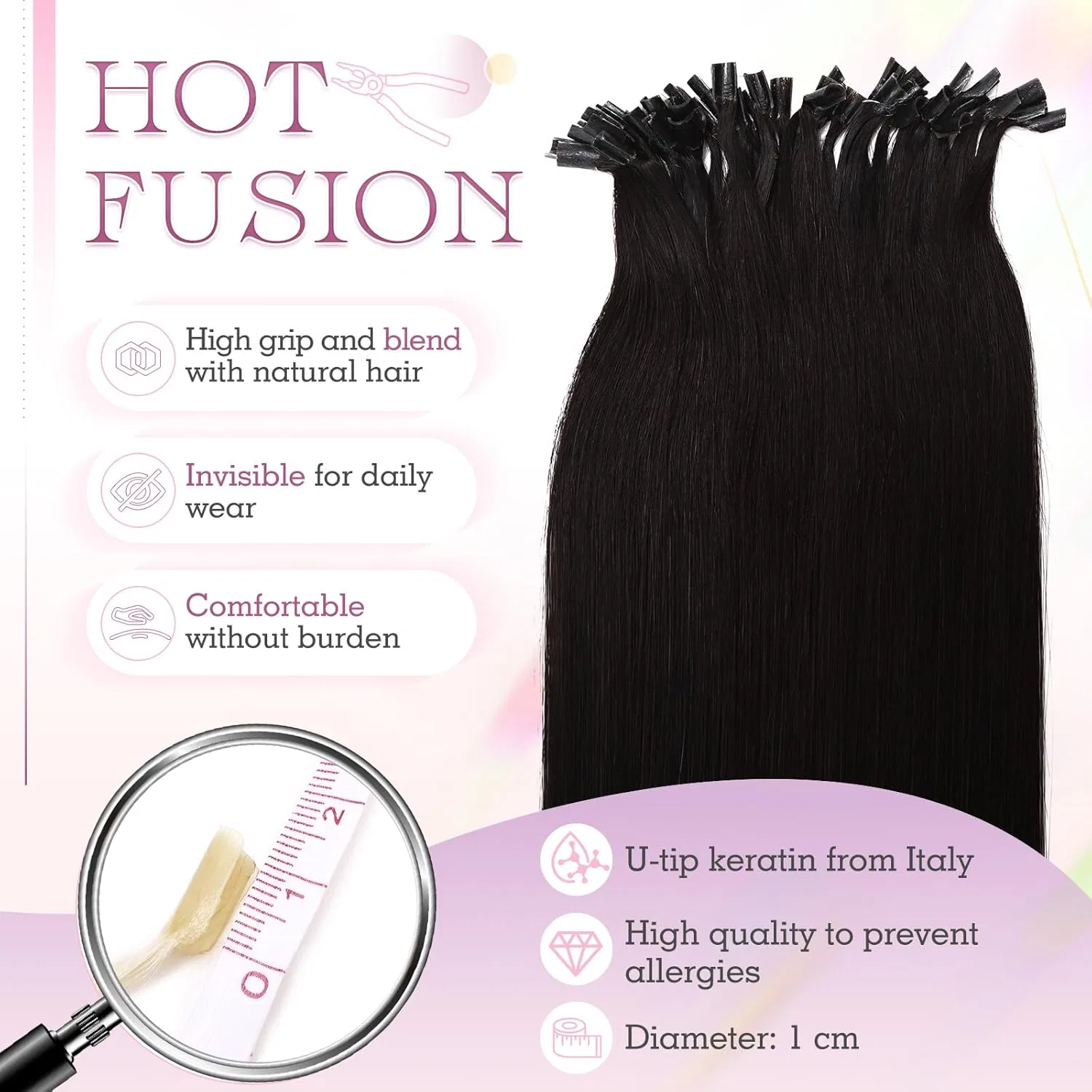 Накладные волосы Elailite Real Hair Extensions Bondings U-tip, кератиновые, прямые, 25 прядей, 25 г, 55 см, черные Elailite, #1B Natural Black — фото 4