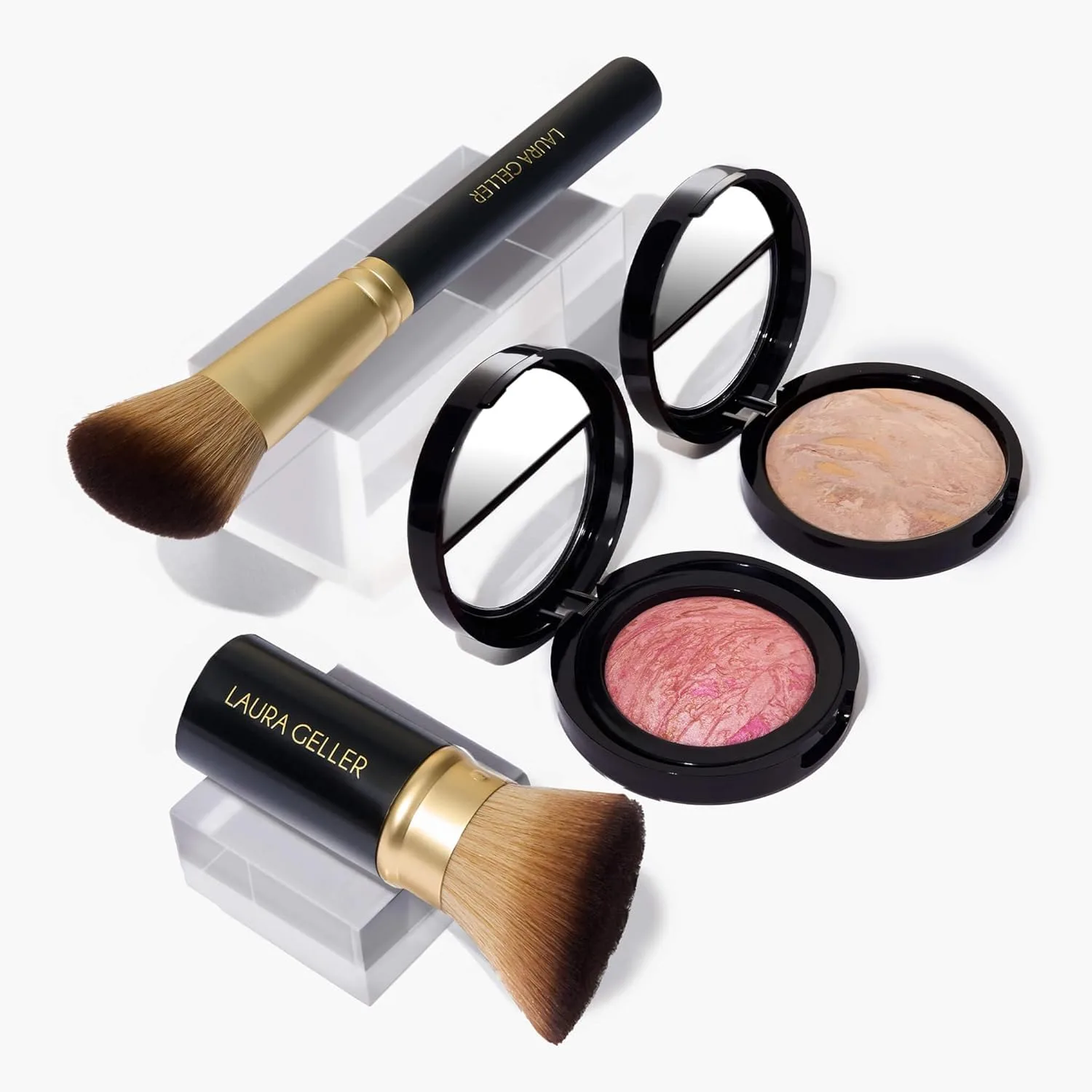 LAURA GELLER NEW YORK Набор Fast Face: тональная пудра Baked Balance-n-Brighten, оттенок Fair + румяна Baked Blush-n-Brighten, оттенок Pink Buttercream + кисть Airbrush Kabuki + скошенная кисть для румян, pink