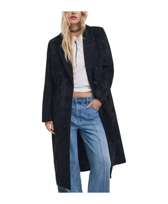 

Длинное пальто с цветочным принтом и отворотами Desigual, черный