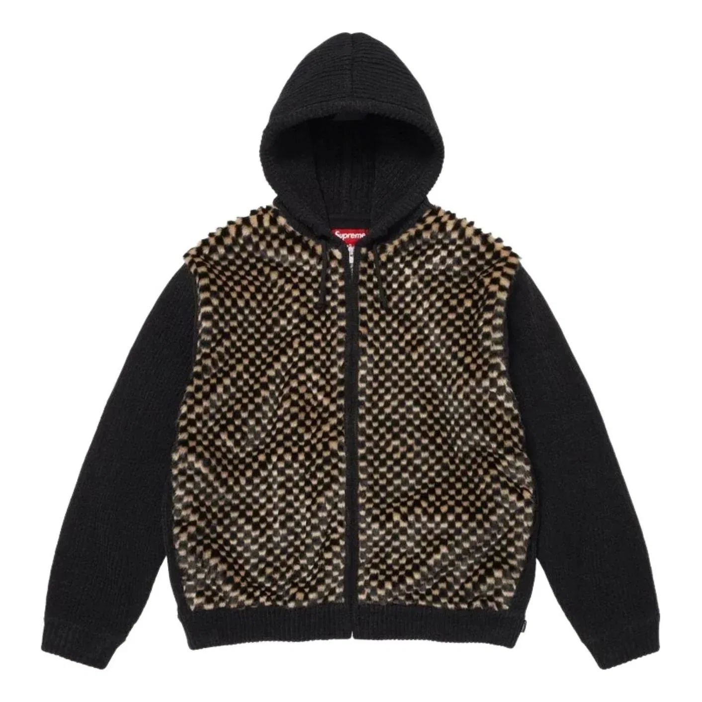 Свитер Supreme SS26 с капюшоном на молнии и клетчатым рисунком из искусственного меха, черный, SUP-SS26-127-BLK