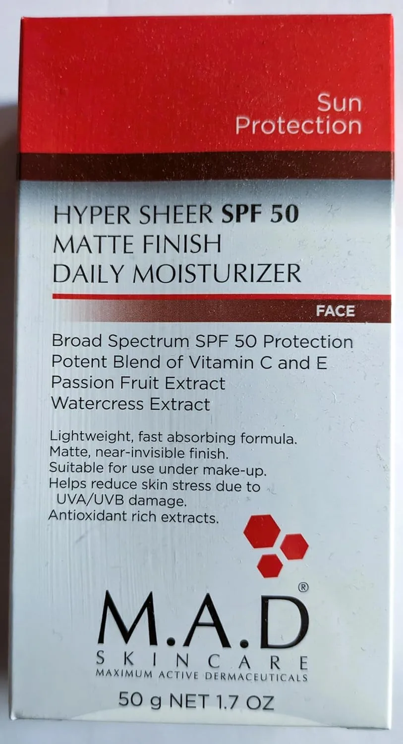 M.A.D Skincare HYPER SHEER SPF 50 MATTE FINISH DAILY MOISTURIZER солнцезащитный увлажняющий крем для лица, нежирный минеральный, контроль жирности с антиоксидантами, без парабенов, 50 мл Mad Skincare — фото 2