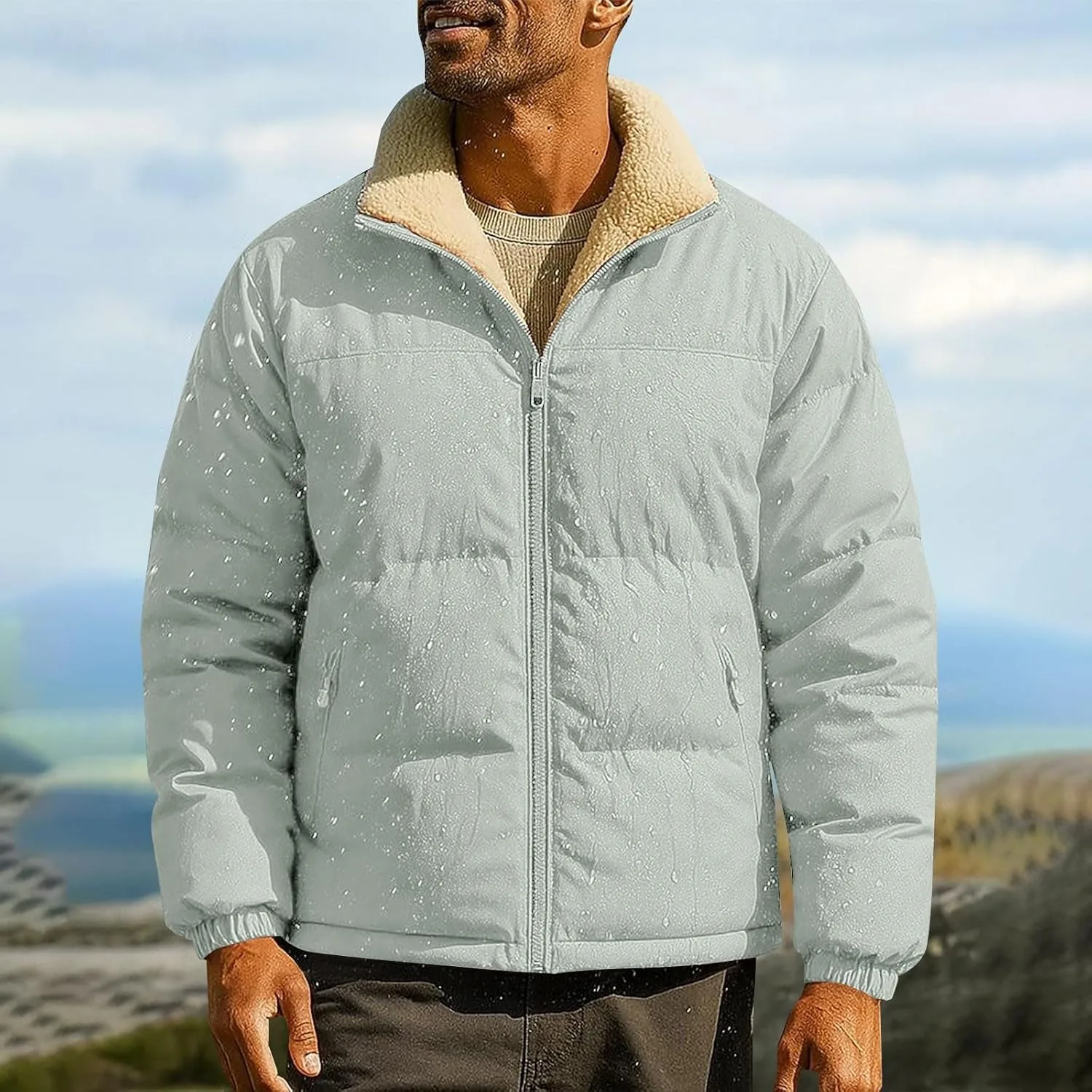 Мужская зимняя куртка Reversible Lightweight Thermal Outwear утепленная подкладкой из шерпы Cozy Sherpa Fleece Lined Coat теплый ветрозащитный Windbreaker Generic, зеленый — фото 2