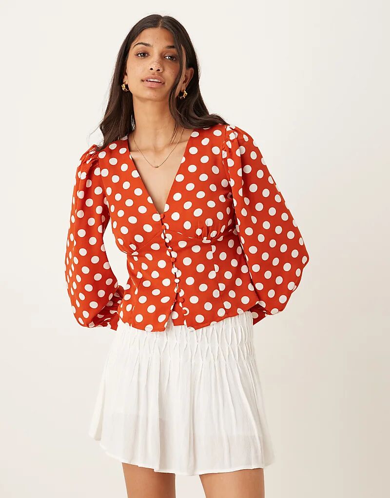 

Гламурный топ с V-образным вырезом и длинными рукавами-буфами в ржаво-белый горошек