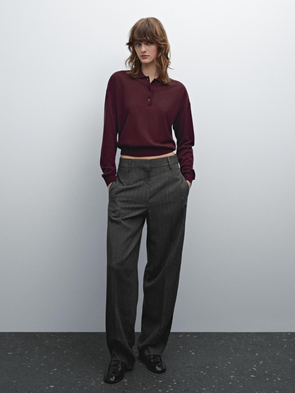 

Трикотажный свитер-поло из хлопковой смеси Massimo Dutti, бордовый