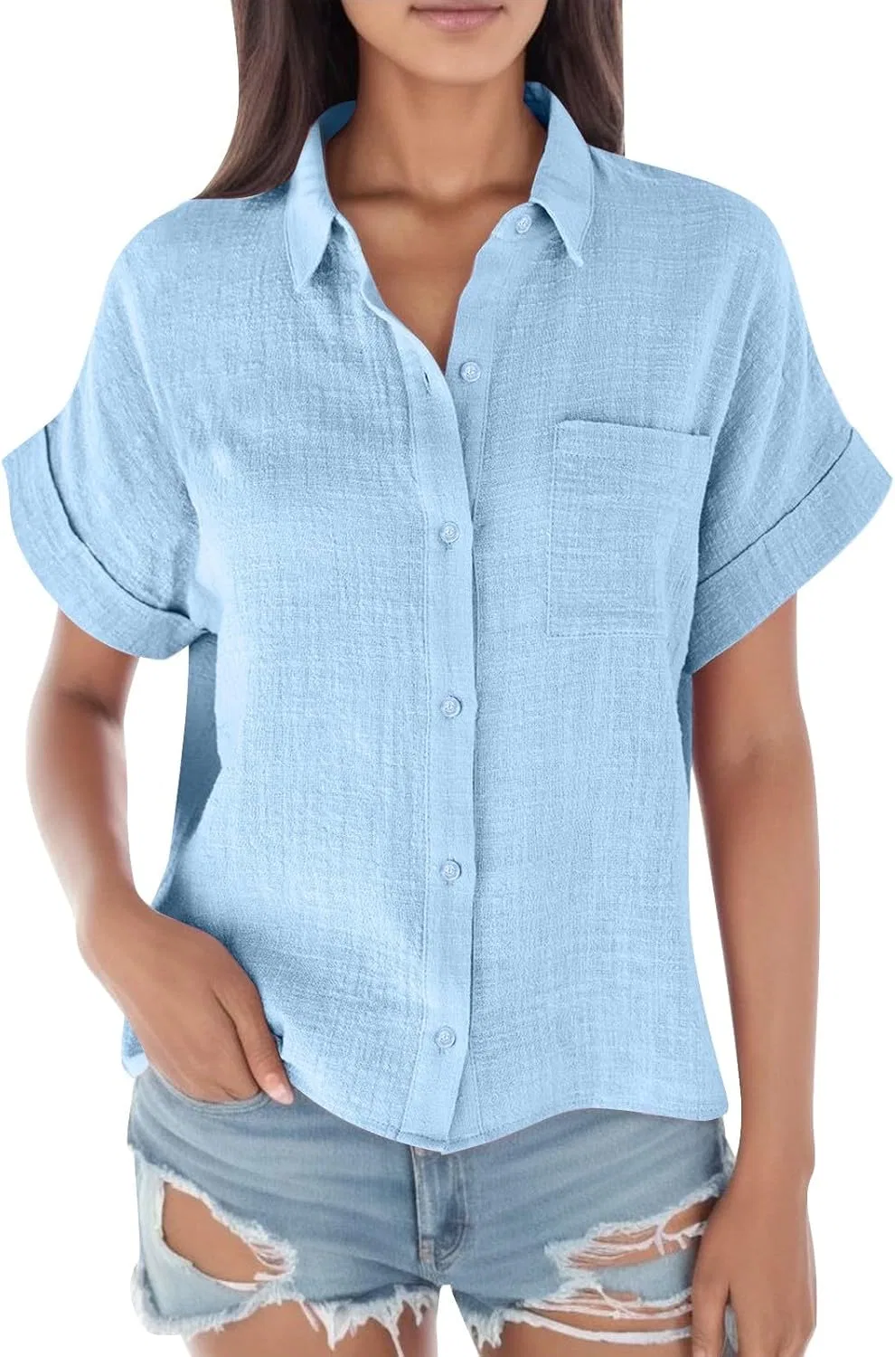 Блуза с кружевным узором и воздушными рукавами Cute Blouse, голубой
