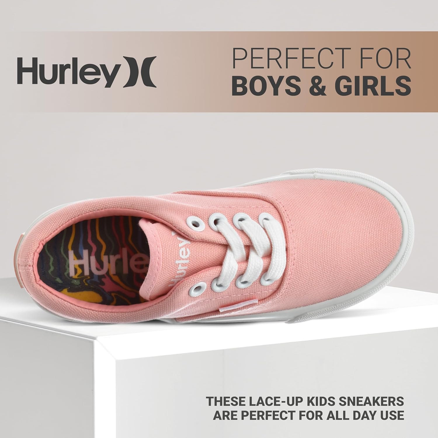 Детские кеды Hurley Marley на шнуровке - низкие кроссовки для скейтбординга для детей, спортивная обувь для мальчиков и девочек, белый/розовый — фото 3