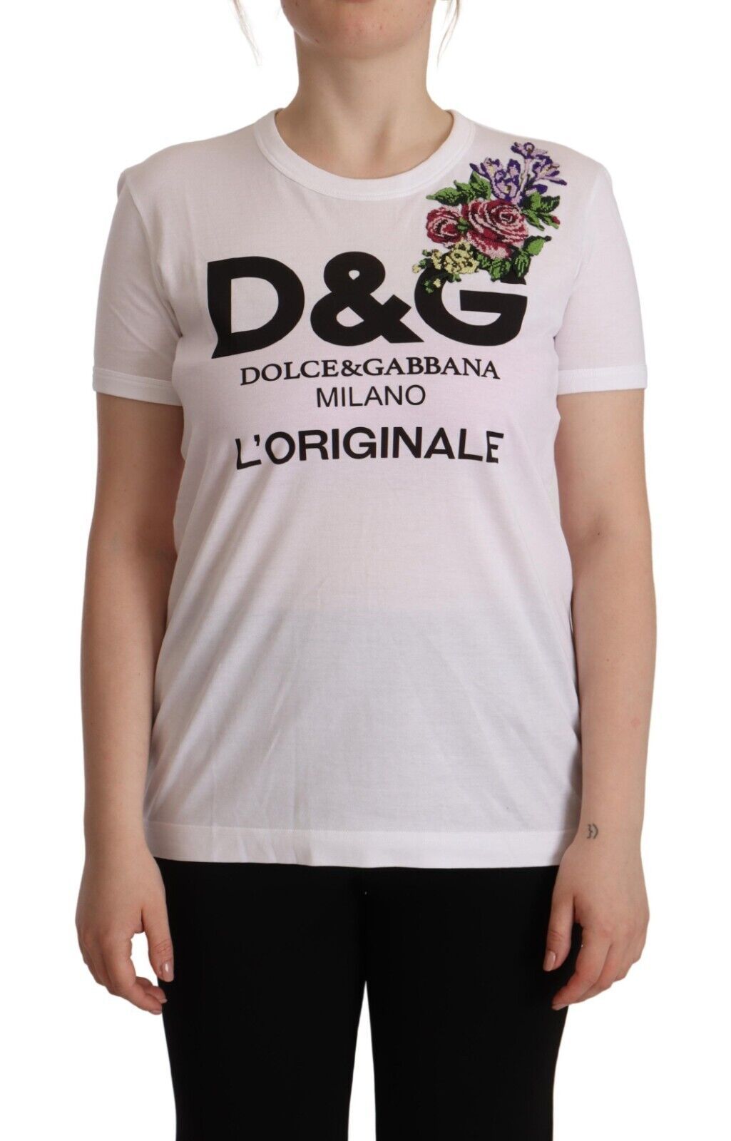 

Элегантная футболка с круглым вырезом и цветочной вышивкой Dolce & Gabbana, белый