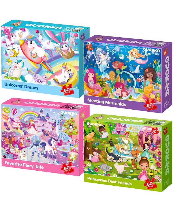 4 пазла по 60 деталей для детей 4-6 лет Quokka, unicorn princess mermaid garden