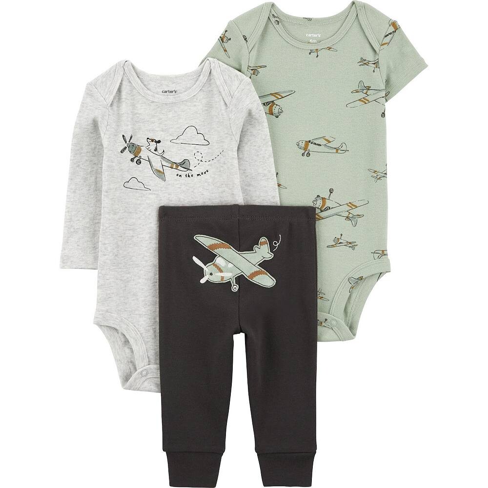

Комплект детской одежды Baby Carter's из 3 предметов в форме самолета: боди и штаны, цвет Olive Airplane Print