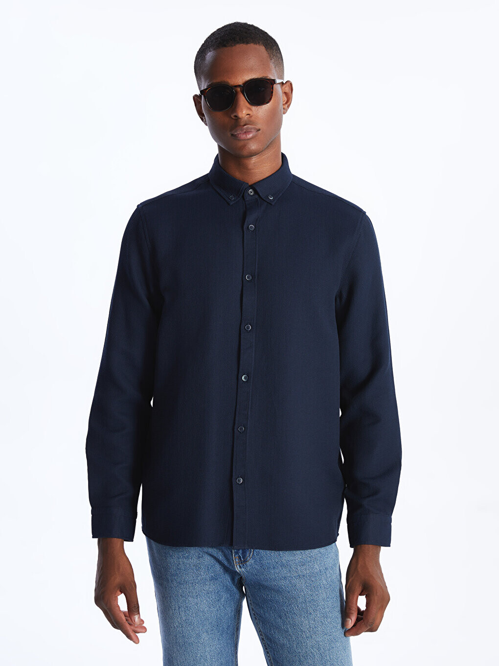 

Мужская рубашка Добби Slim Fit с длинным рукавом LCW Vision, темно-синий