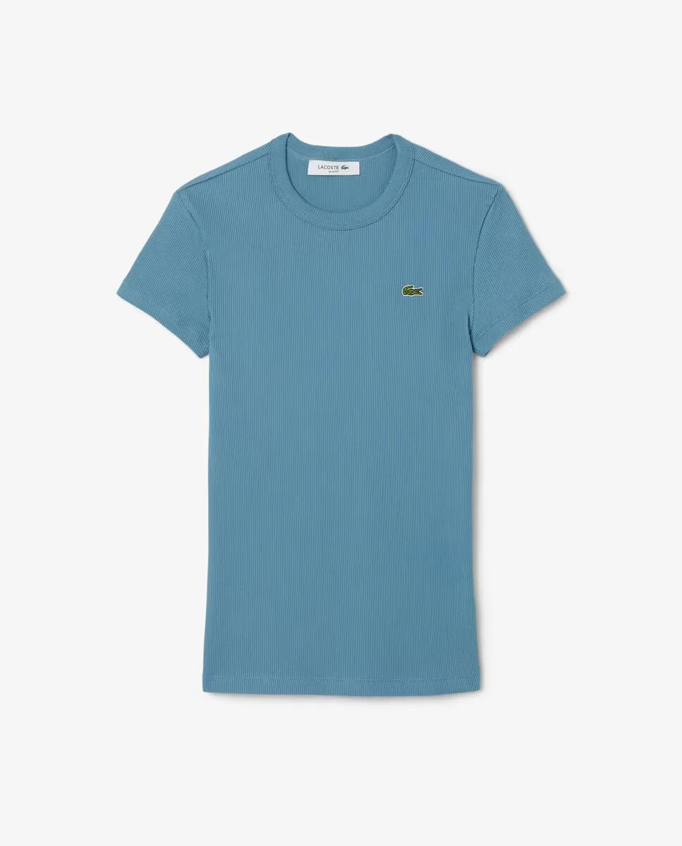 

Женская приталенная футболка из хлопка в рубчик с короткими рукавами Lacoste, синий