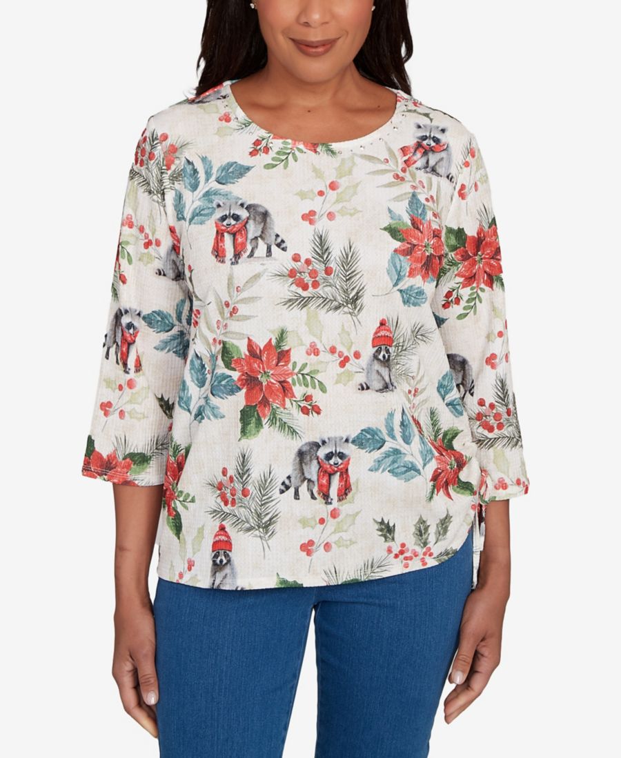 

Женская классическая праздничная футболка с круглым вырезом и изображением енота и пуансеттий Alfred Dunner, Oatmeal, Серый, Женская классическая праздничная футболка с круглым вырезом и изображением енота и пуансеттий Alfred Dunner, Oatmeal