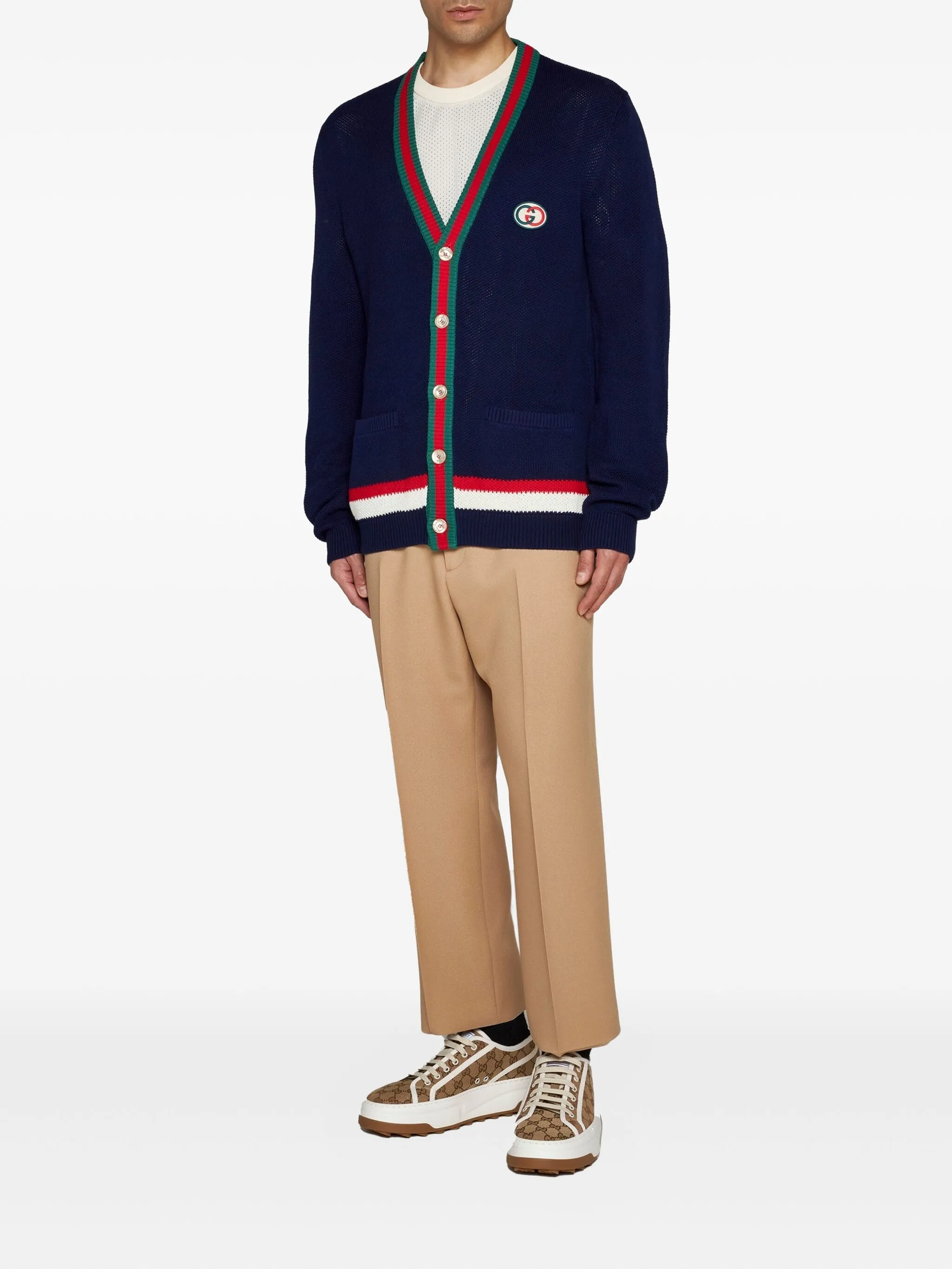 Кардиган на пуговицах с полоской Web Gucci, синий — фото 2