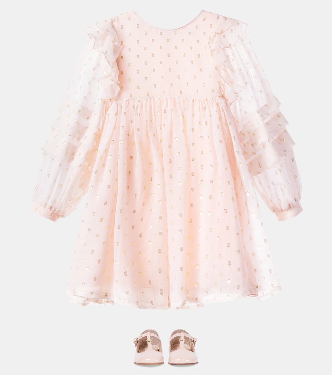 Платье из смесового шелка с оборками в горошек Chloé Kids, Petal Pink — фото 2