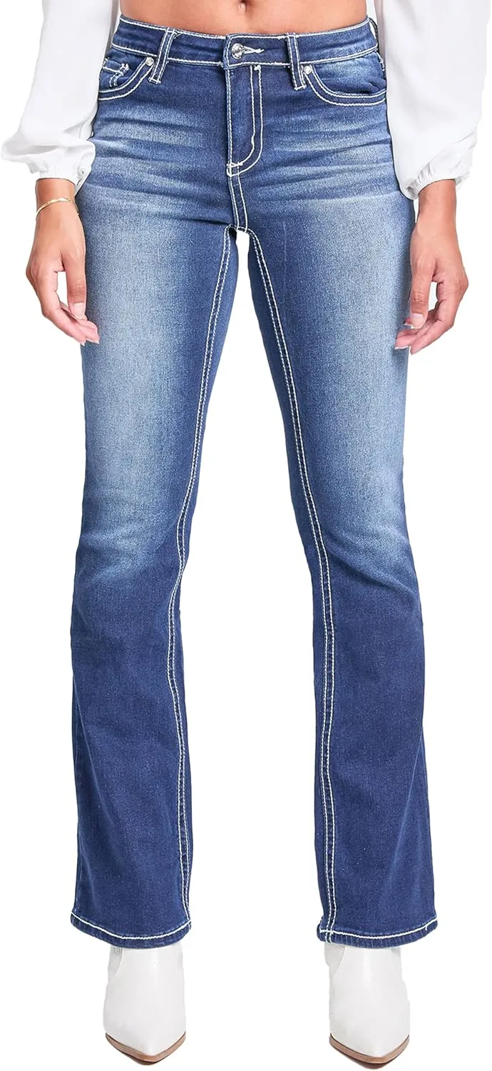 

YMI Women's YMI Jeans Mid Rise Heavy Stitch Bootcut Cross Studded