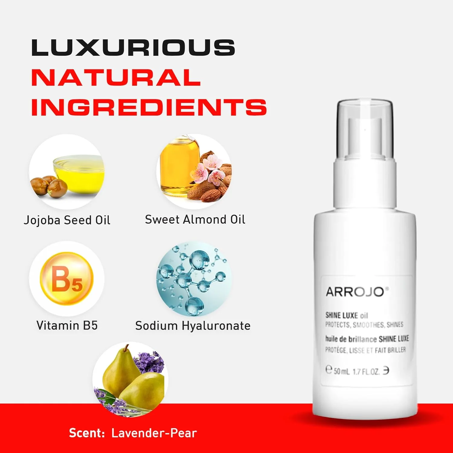 Arrojo Shine Luxe Hair Oil, 50 мл - несмываемое масло без парабенов и сульфатов с витамином B5, жожоба и миндалем для интенсивного увлажнения и термозащиты всех типов волос — фото 4