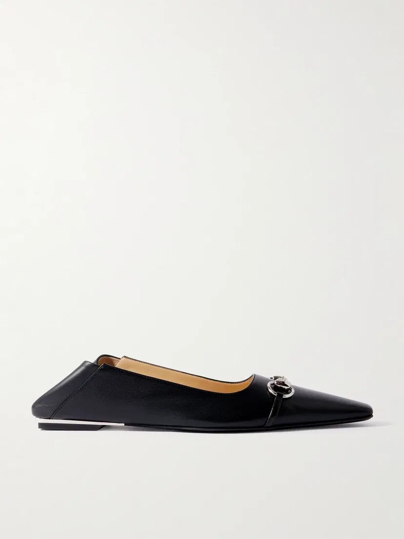 Балетки Vittoria из кожи, украшенные деталями Horsebit, со складной пяткой GUCCI, черный