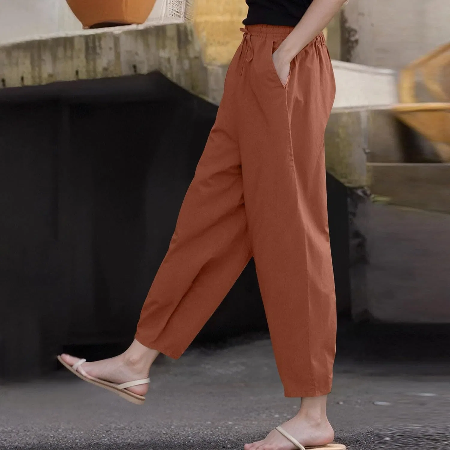 Льняные брюки женские Boho с комфортной посадкой, высокой эластичной талией и карманами, легкие летние пляжные брюки для отдыха Generic, светло-коричневый — фото 3