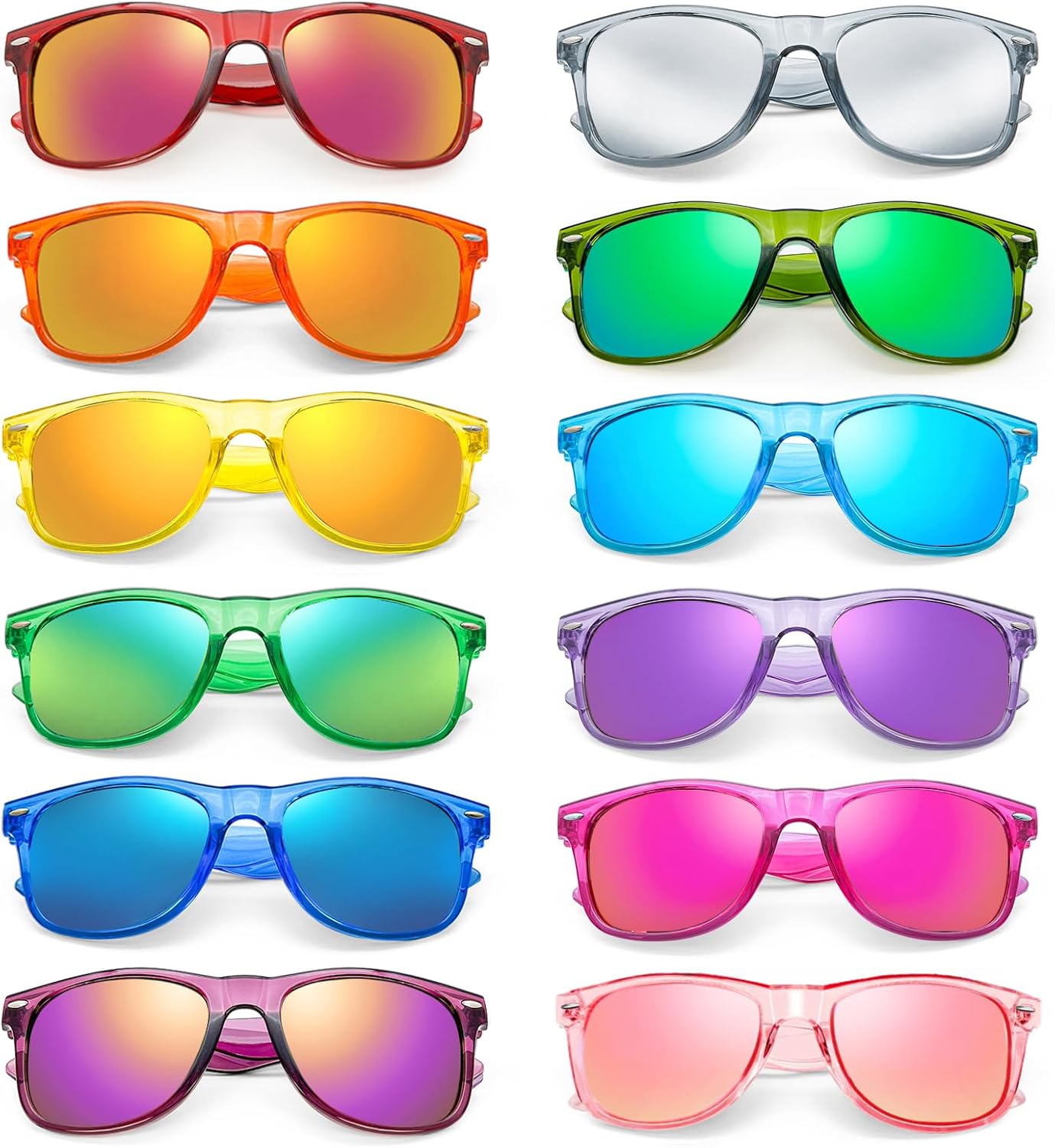 

Набор из 12/24 неоновых солнцезащитных очков с классическими зеркальными линзами для мужчин и женщин, оптом, для дня рождения, пляжа, бассейна, вечеринки SUNOVELTIES, 12 Colored Trans Frame