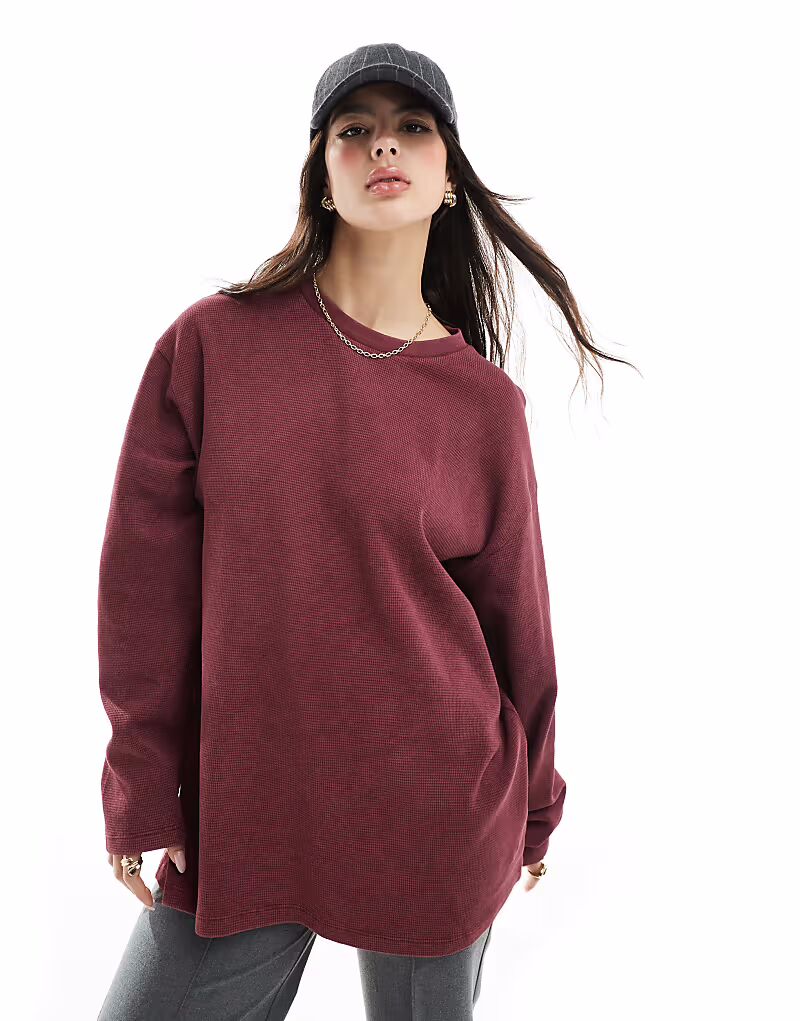 

Футболка с длинными рукавами ASOS DESIGN в вафельном стиле, бордового цвета