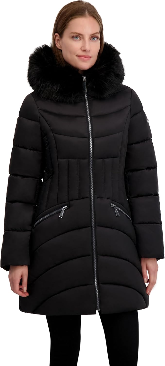 

Женское стеганое пальто Laundry by Shelli Segal Shine Marshmallow с капюшоном из искусственного меха, черное Laundry By Shelli Segal, черный