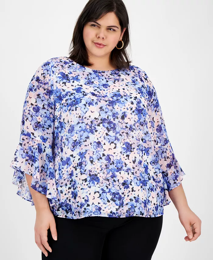 

Блузка с цветочным принтом и рюшами Plus Size Kasper, синий