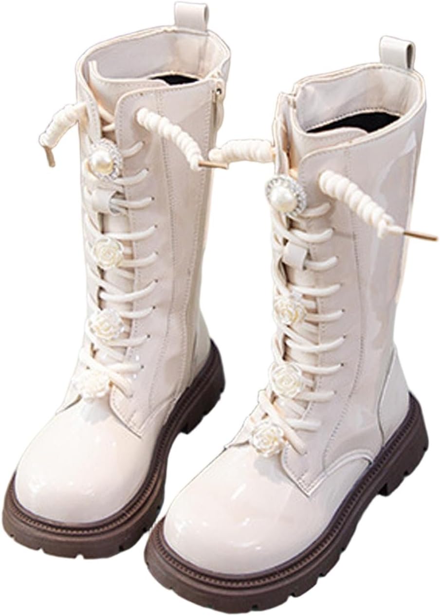 

Generic Белые кожаные сапоги из ПУ для девочек: модные зимние теплые ботильоны на шнуровке с бантом, боковая молния, средняя высота, водонепроницаемые осенние ботинки