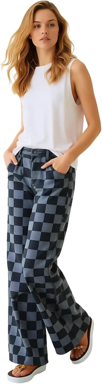 

Женские джинсы Maizoon широкие с клетчатым принтом и карманами