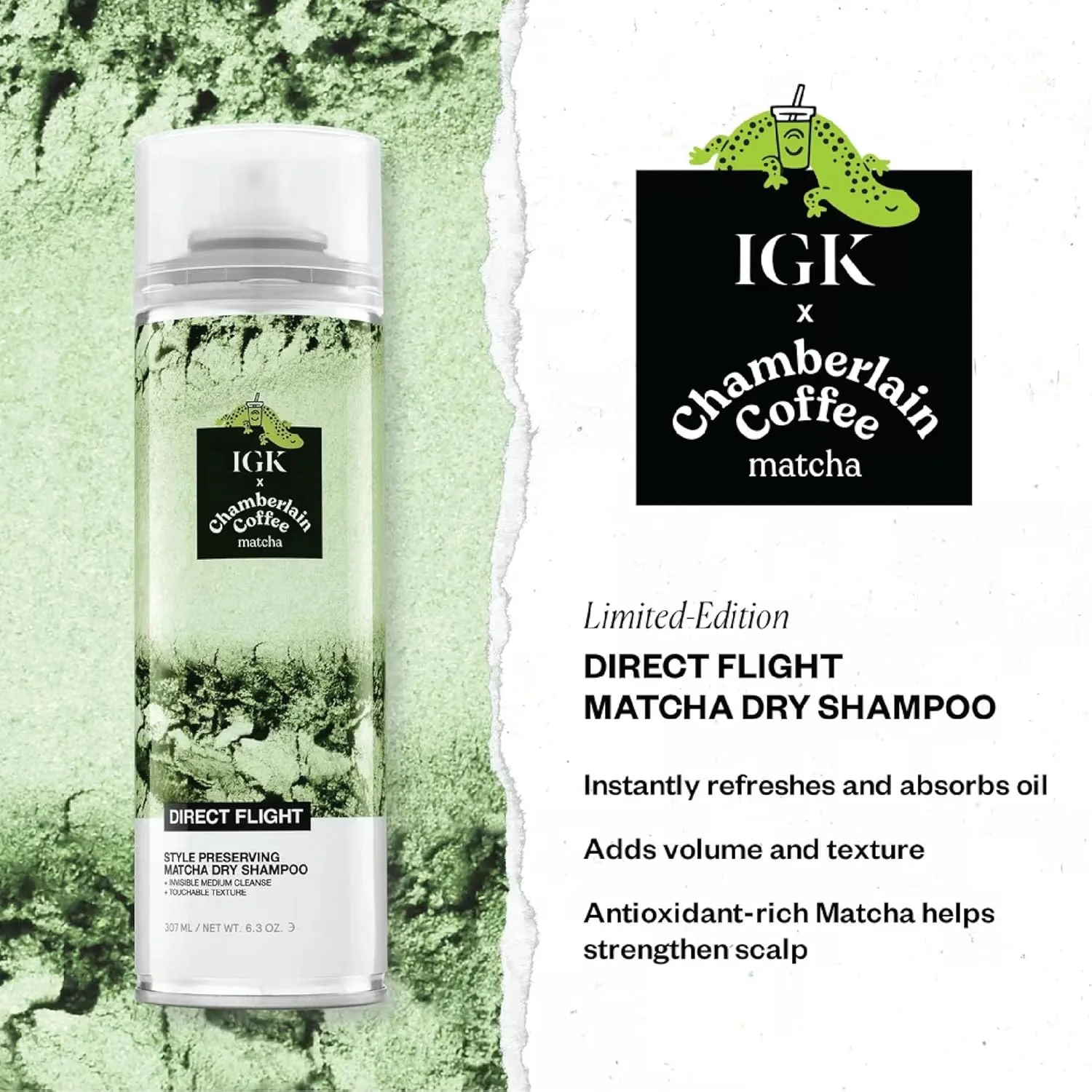 IGK Direct Flight Multi-Tasking Matcha Dry Shampoo, набор из 2 штук: полный размер и дорожный — фото 3