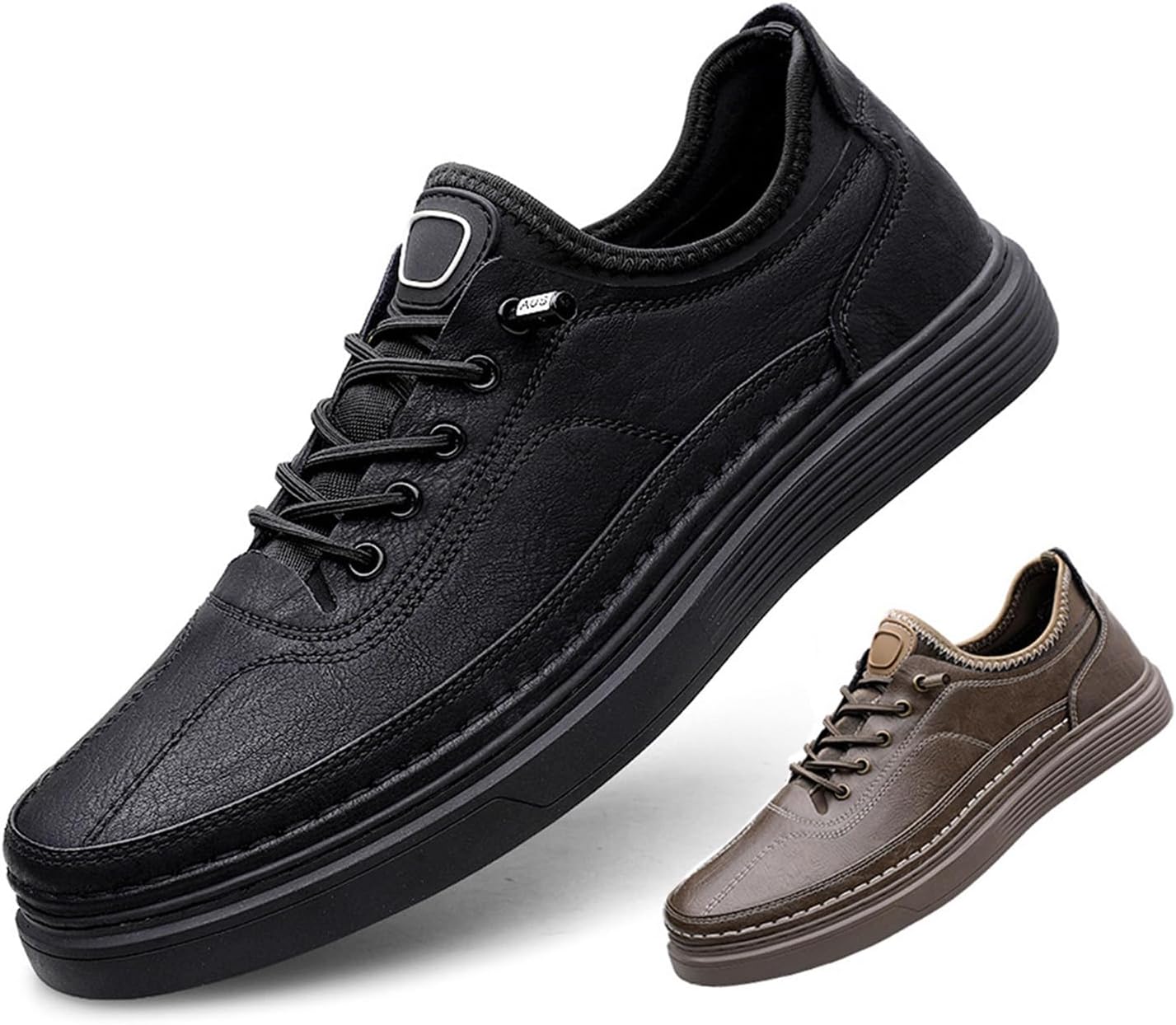 

Мужские кожаные кроссовки на шнуровке с платформой, удобные дышащие слипоны для спорта и скейтборда, с увеличением роста, с нескользящей мягкой подошвой, модная обувь для прогулок Etoryoox, черный