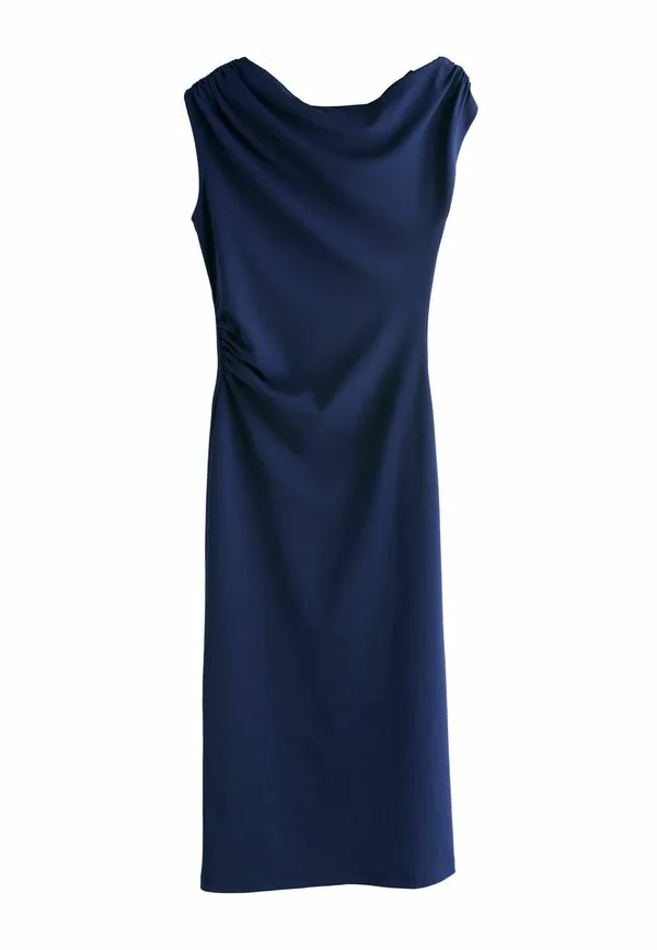 Длинное платье-футляр средней длины с драпировкой и сборками. Next, Navy Blue