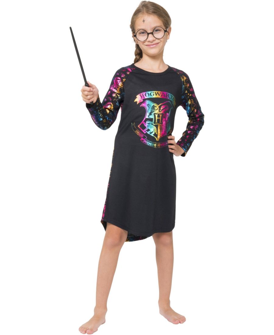 

Детская ночная рубашка с длинными рукавами и рукавами реглан в стиле Хогвартса с радужной голограммой для девочек Harry Potter, No Color
