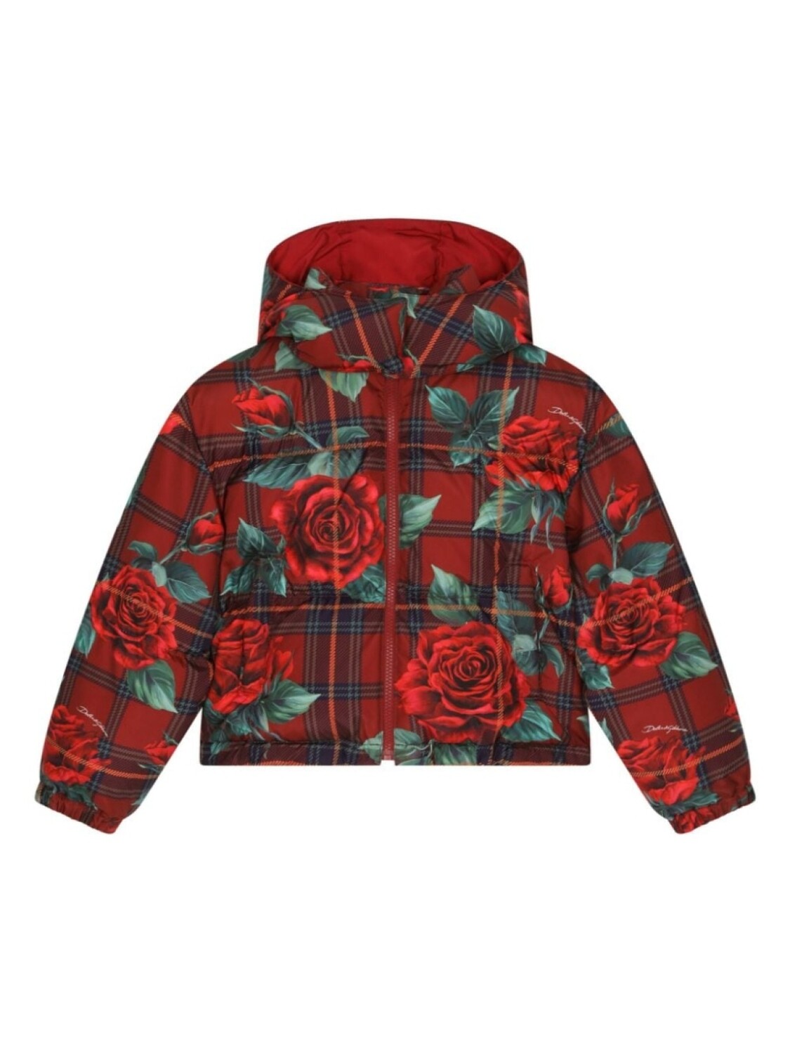 

Dolce & Gabbana клетчатый пуховик с цветочным принтом, красный
