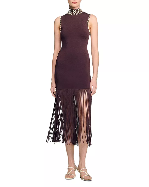 

Платье с бахромой, украшенное вязаным узором. Sandro, коричневый