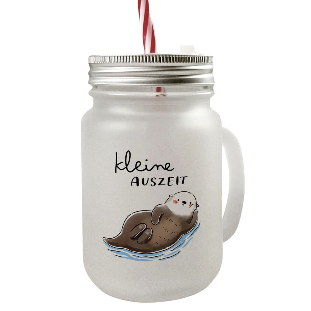 

Стакан для питья Otter Mason Jar с ручкой и крышкой с надписью Kleine Auszeit speecheese, серый