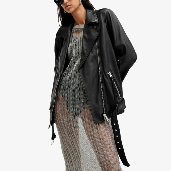 Кожаная байкерская куртка Billie свободного кроя с поясом Allsaints, черный — фото 3