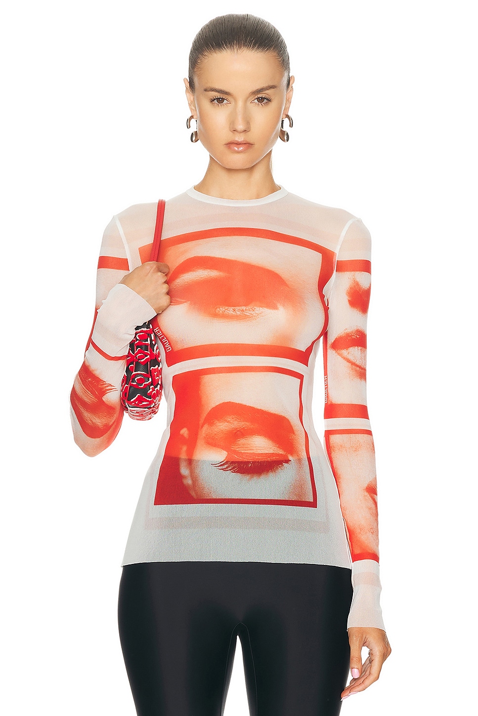 

Сетчатый топ с длинными рукавами и принтом Eyes And Lips Jean Paul Gaultier, цвет White, Red, & Light Orange