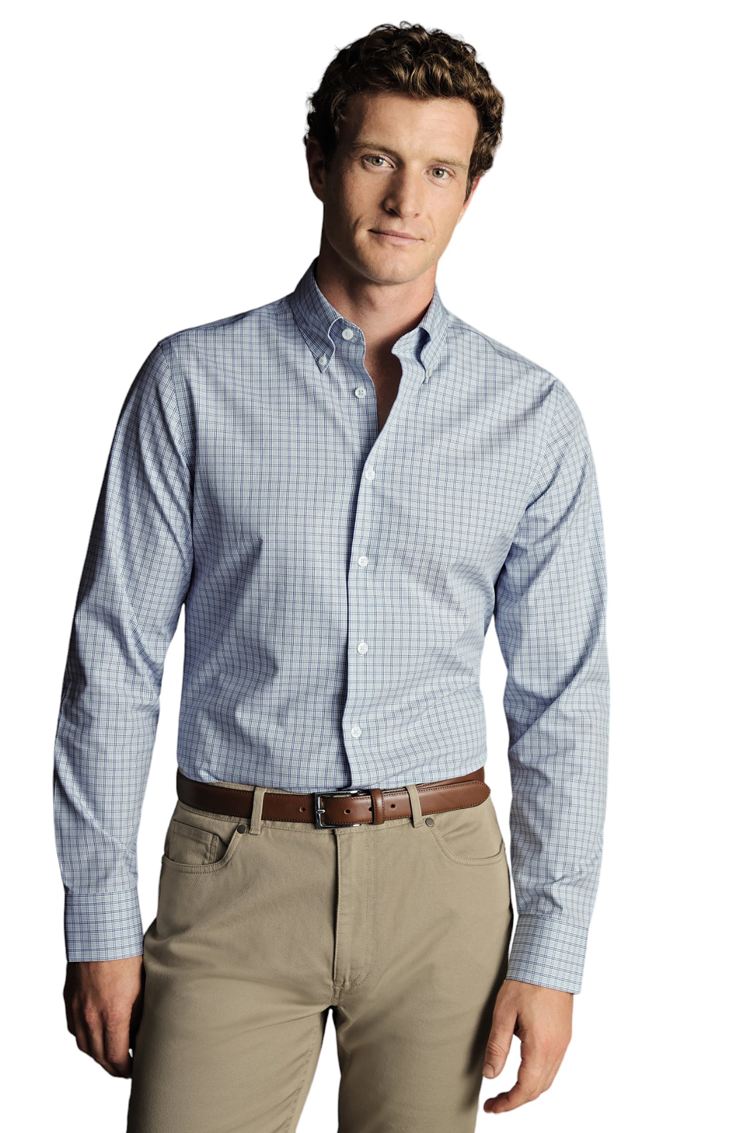 

Мужская клетчатая рубашка-оксфорд с застежкой на пуговицы Charles Tyrwhitt Slim Fit Single Cuff, цвет mid blue