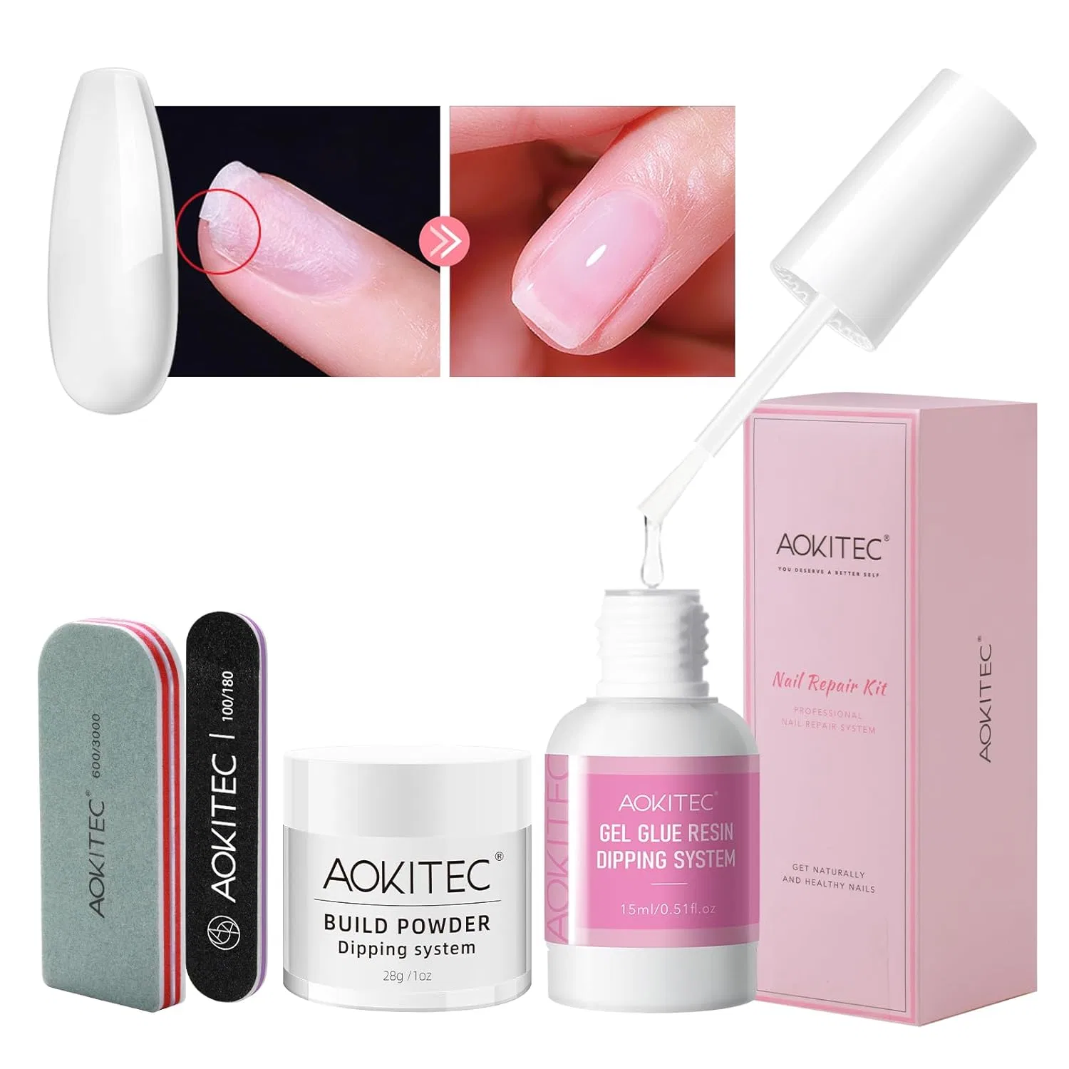 Набор для ремонта ногтей Aokitec Dipping Build Powder 28 г с клеем Aokitec, 01 Clear Powder